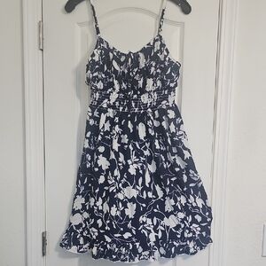 Floral Navy and White Dress With Ruffle At Hem